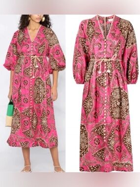Zimmermann Lulu Plunge Floral Pink and Brown Printed Dress with Scallop Trim